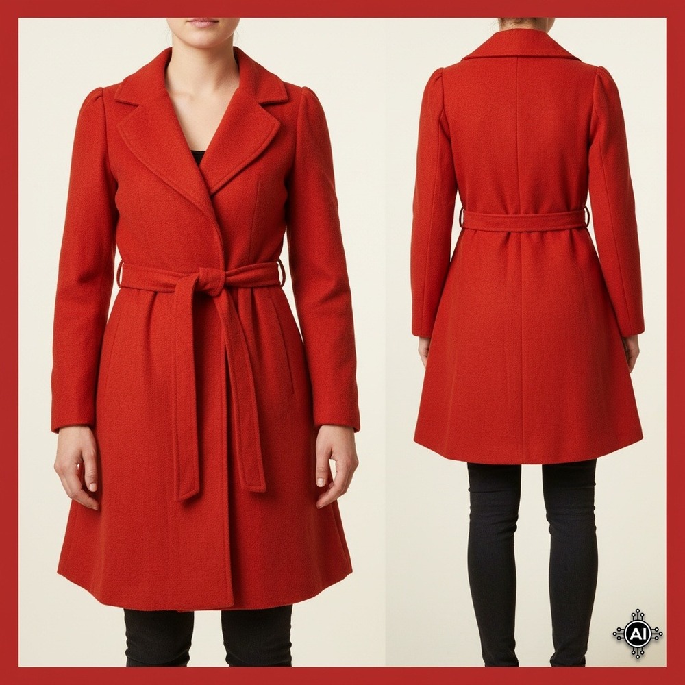 RVHSWDS Coat Women‎ L Red Wool Blend Belted Trench Jacket Winter A-Line Snaps